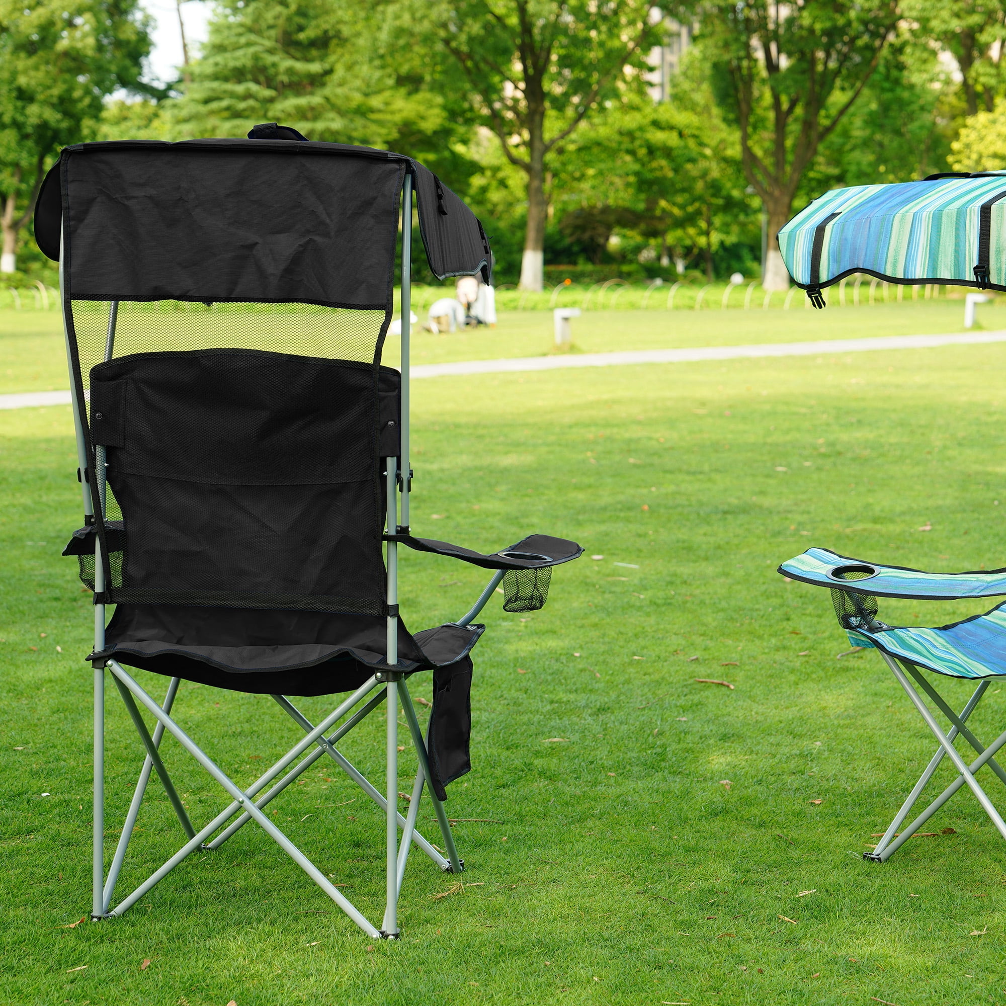 FlexWave Folding Camp Chair，Portable Outdoor Chair，with Shade & Cup Holder，for Camping, Beach, Fishing, and Sports Events