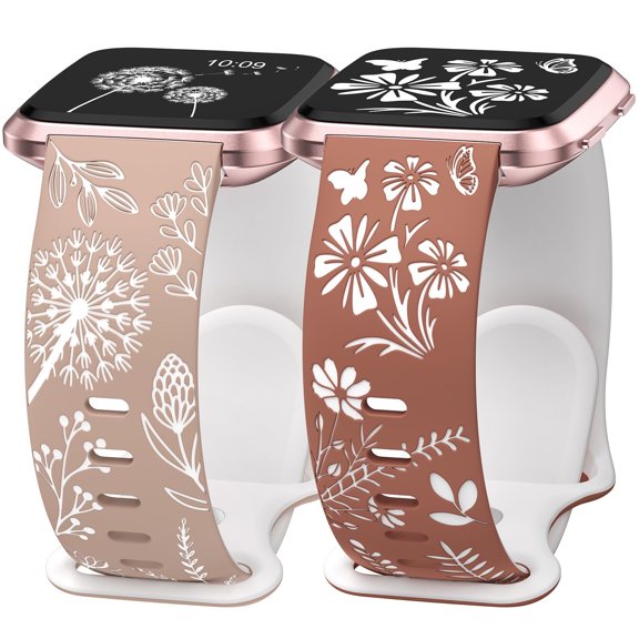 Wearlizer 2 Packs Floral Engraved Band Compatible with Versa 2 Bands for Women, Two-Tone Flower Soft Silicone Sport Strap for Versa/Versa 2/Versa Lite/Versa SE Smart Watch