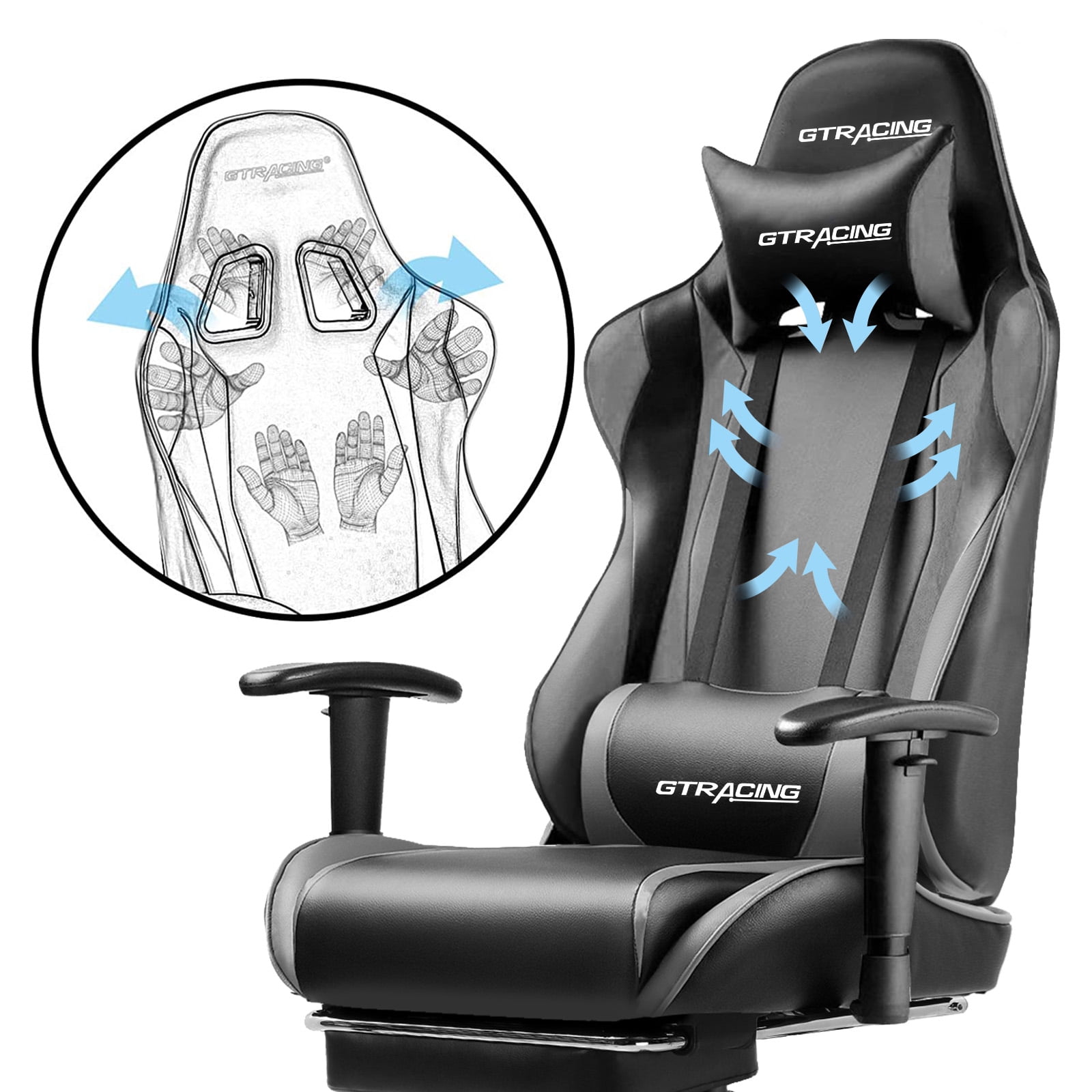 GTRACING Gaming Chair with Footrest Ergonomic Reclining Office Chair Swivel Rocker, Gray
