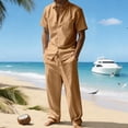 thumbnail image 2 of LNZGNM Mens 2 Pieces Cotton Linen Sets Short Sleeve Button Down Breathable Shirts Casual Loose Fit Pants with Pockets Walking Outfits,Earthy Yellow XL, 2 of 5