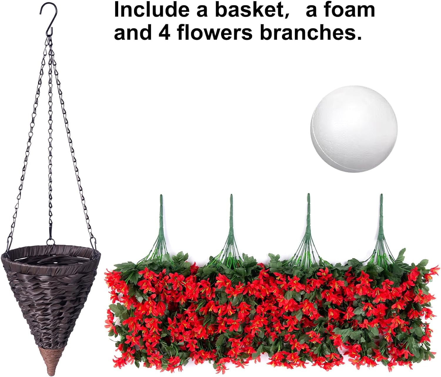 Artificial Fake Hanging Plants Flowers Basket for Outdoor Outside Decoration, Faux Silk Realistic UV Resistant Red Long Vines Planter for Porch Patio Balcony Yard Home Spring Summer