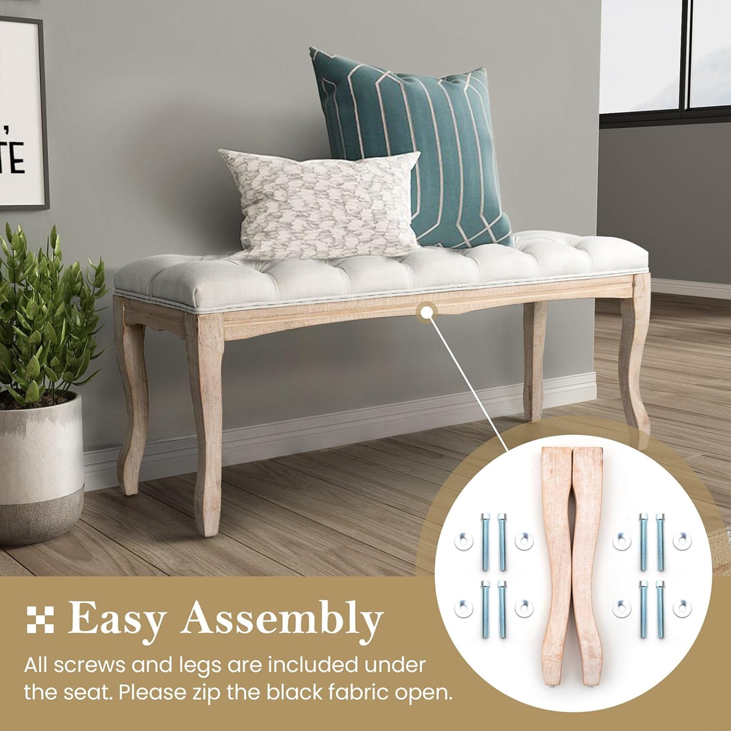 French Vintage Tufted Bedroom Bench with Carved Wood Legs, 43.3-Inch Linen Upholstered Entryway Ottoman for Living Room, Beige