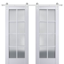Sturdy Double Barn Door with Frosted Glass | Veregio 7412 White Silk | 13FT Rail Hangers Heavy Set | Solid Panel Interior Doors-36" x 96" (2* 18x96)-Silver Rail