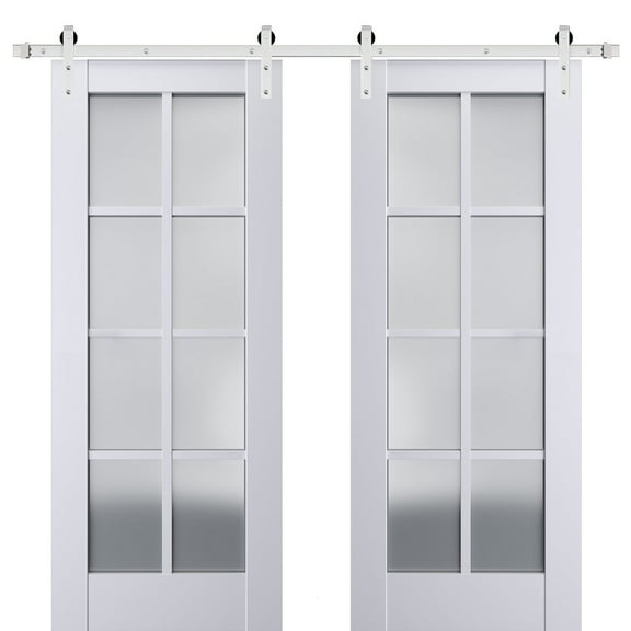 Sturdy Double Barn Door with Frosted Glass | Veregio 7412 White Silk | 13FT Rail Hangers Heavy Set | Solid Panel Interior Doors-36" x 96" (2* 18x96)-Silver Rail
