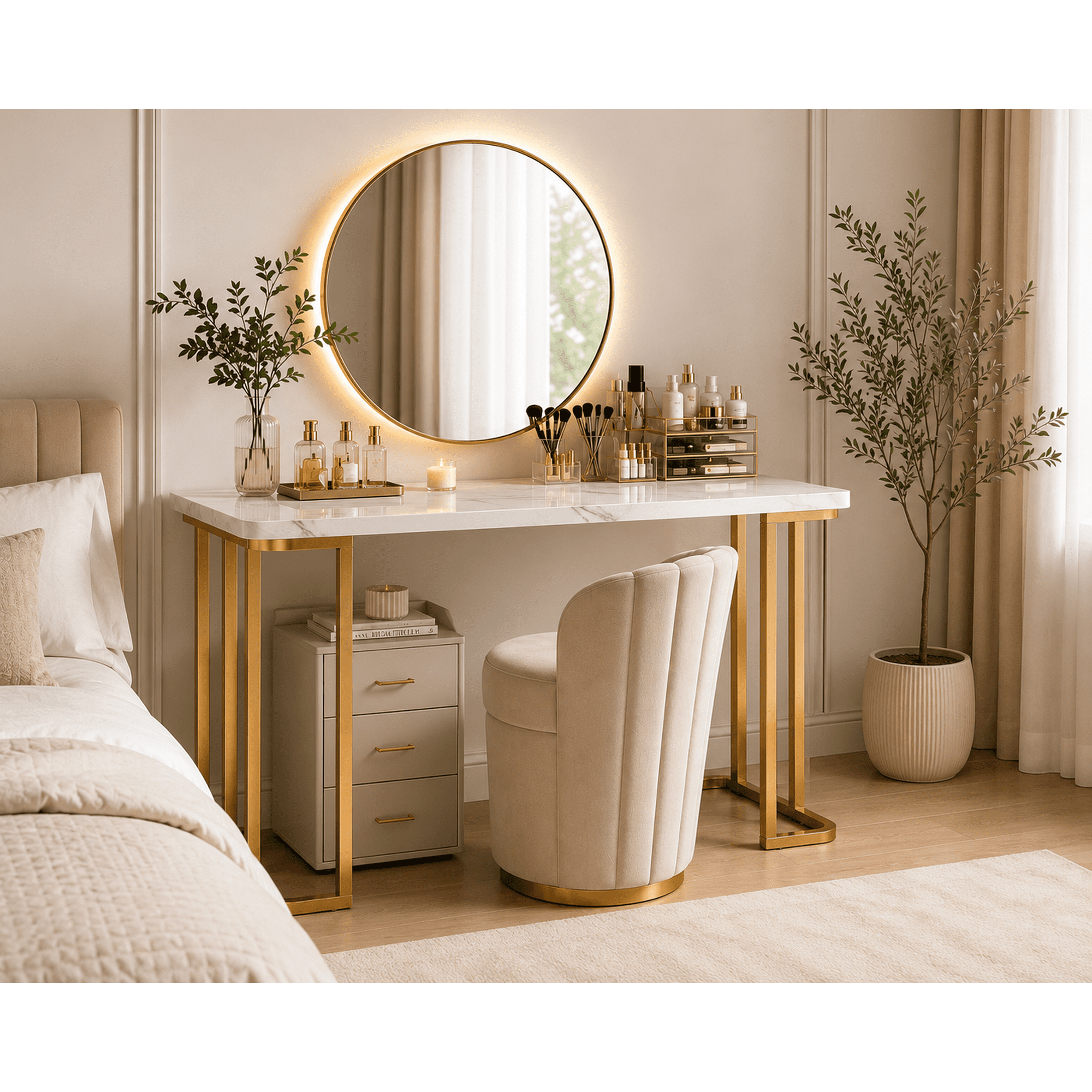 24/7 Shop At Home Woren Adult Make-Up and Writing Desks with USB Ports, 47.25 in x 23.63 in, White and Gold