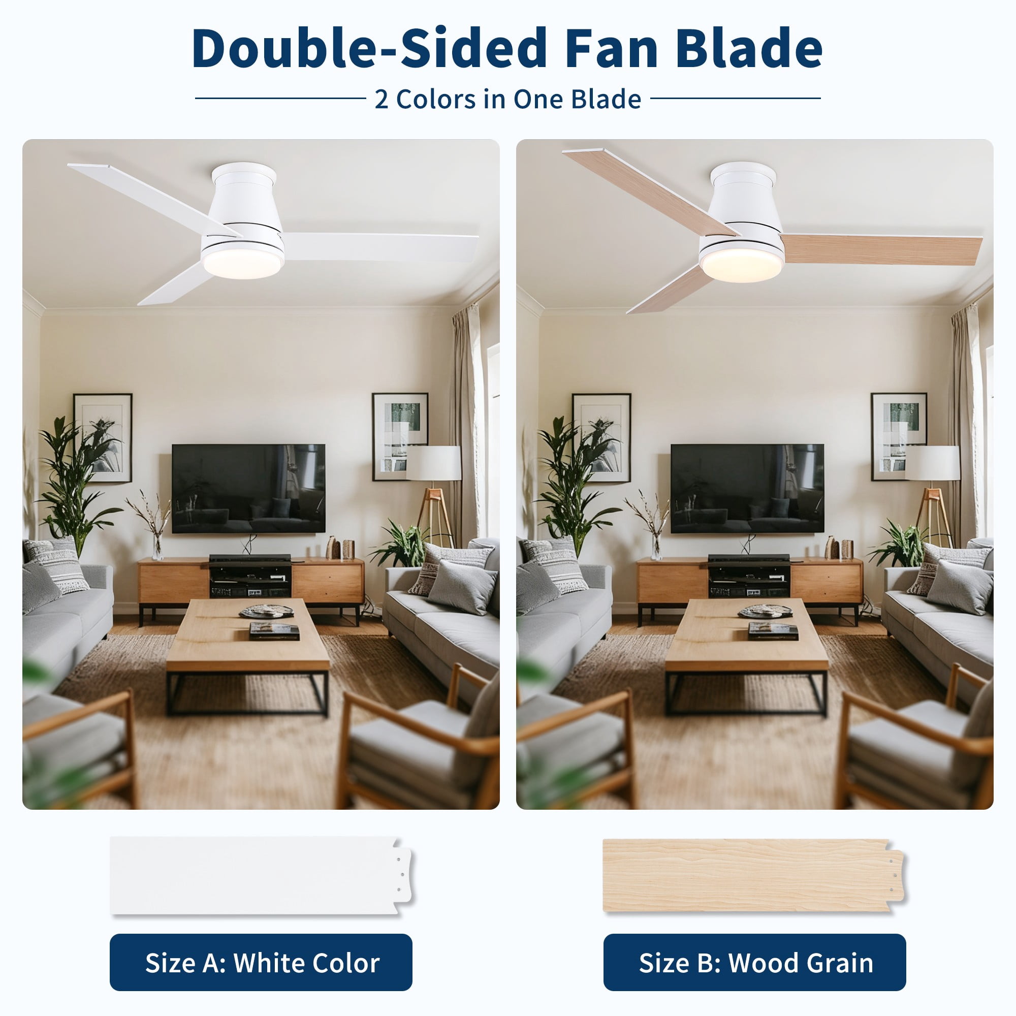 BoFang 48 inch Ceiling Fan with Light, Low Profile Flush Mount, Remote Control, DC Motor,White