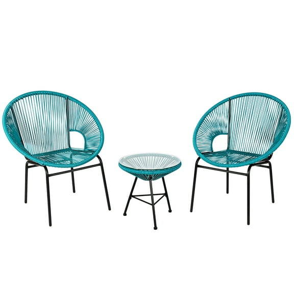 Topbuy 3 Piece Patio Leisure Set Turquoise PE Wicker Chairs with Glass Table Steel Frame