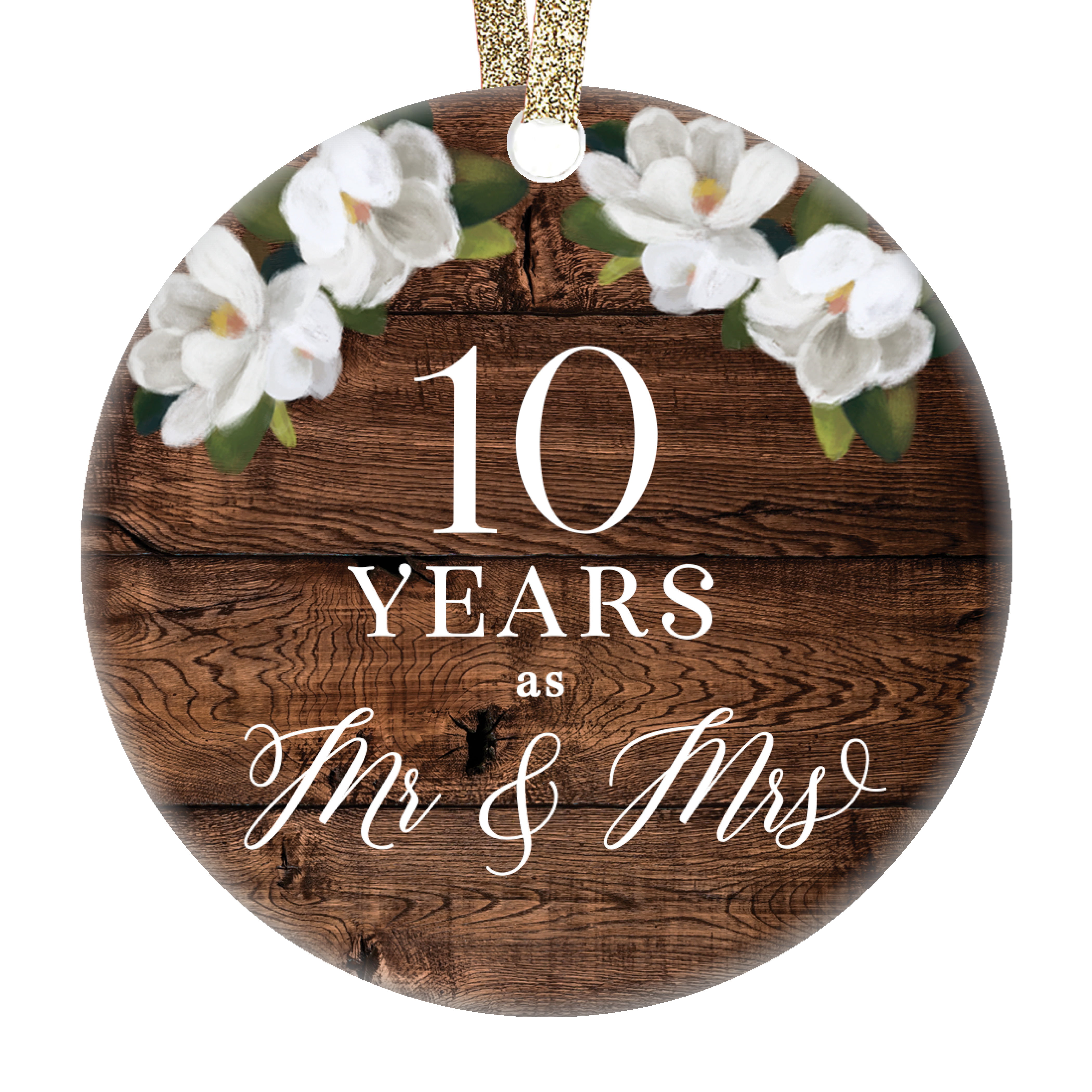 Anniversary Christmas Ornament for Married Couple with Names Date Personalized Anniversary Gift for Her 3 Flat Circle Porcelain Ornament Gold & Silver Ribbon PGM-OR-92 1st 5th 10th Any Date