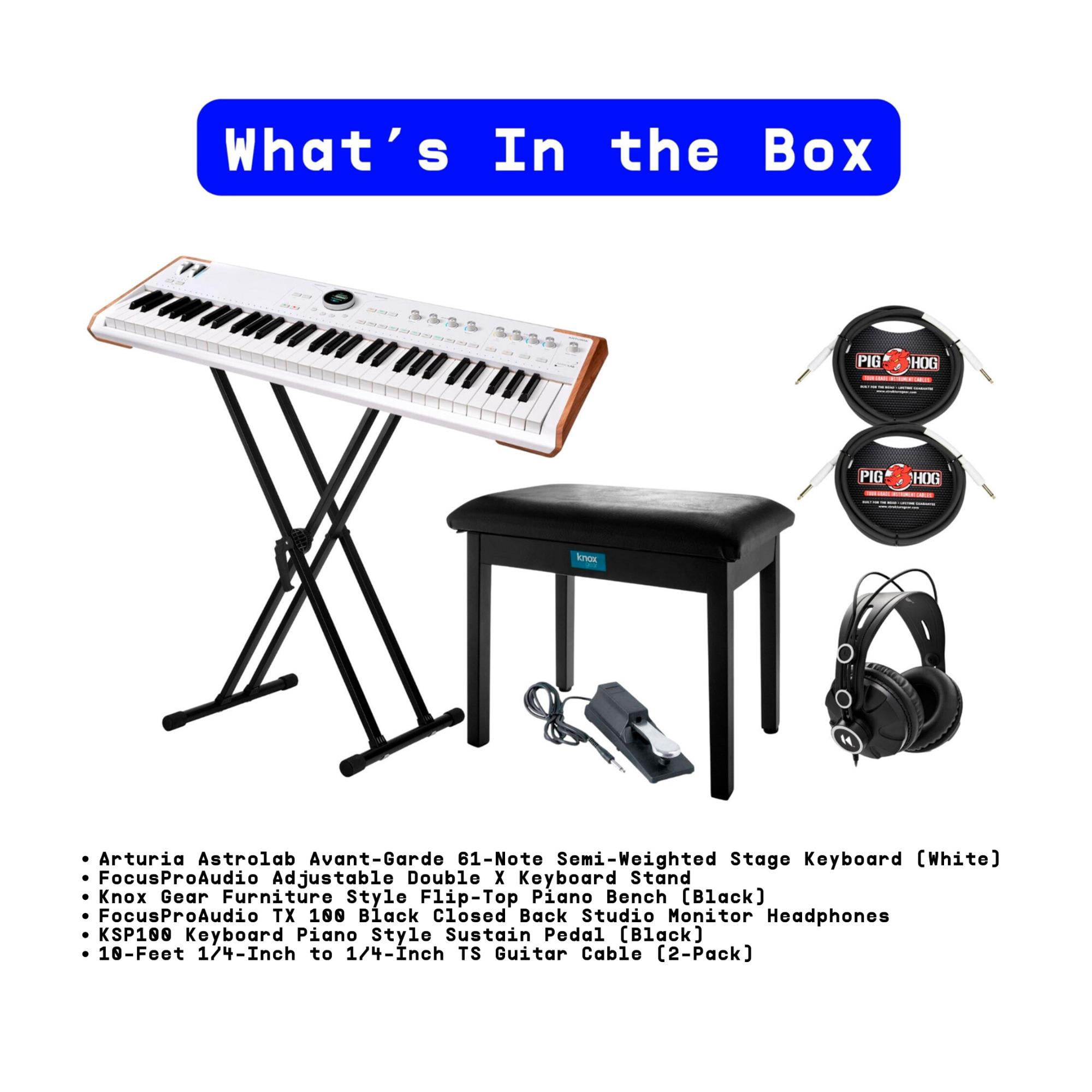 Arturia Astrolab Avant-Garde 61-Note Semi-Weighted Stage Keyboard (White) Bundle with Knox Gear Stand, Knox Gear Bench (Black), Knox Gear Headphones, Pedal (Black) and Guitar Cable (2-Pack) (7 Items)