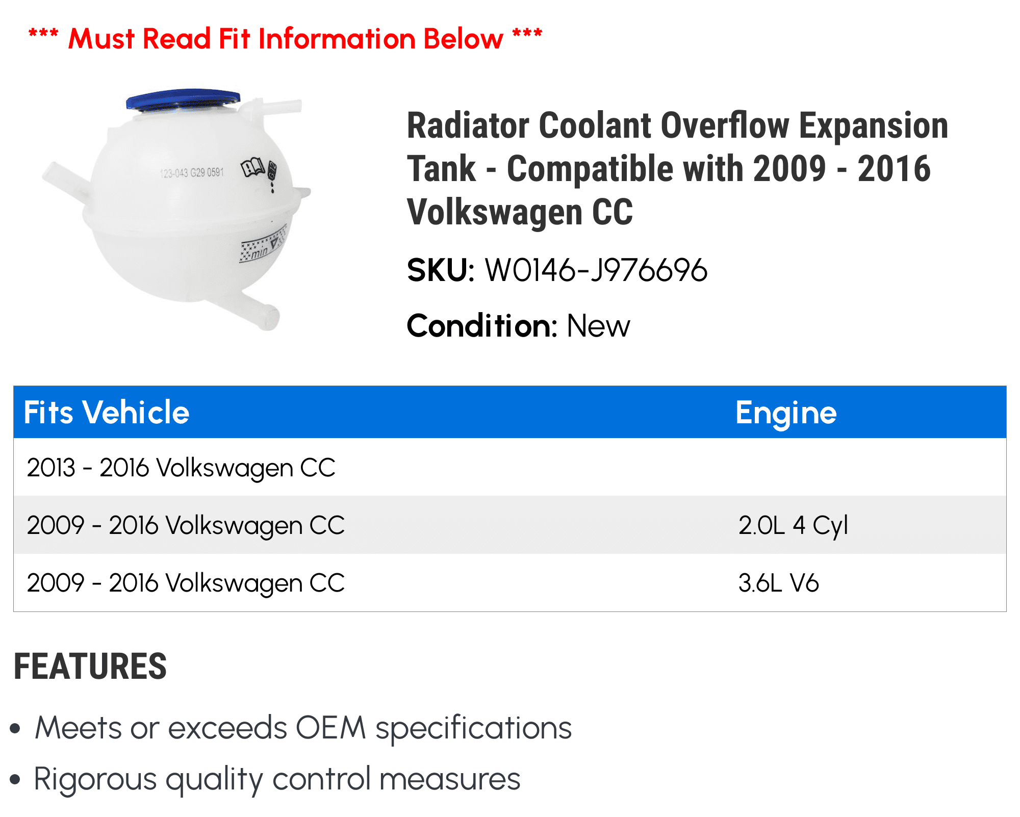 Radiator Coolant Overflow Expansion Tank - Compatible with 2009 - 2016 Volkswagen CC 2010 2011 2012 2013 2014 2015