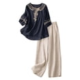 thumbnail image 3 of Women's 2 Piece Set, Embroidered Round Neck Top and Wide Leg Pants, Cotton Linen Matching Outfit for Casual Wear, Daily Outfits, Vacation, and Lounge-Black, 3 of 8
