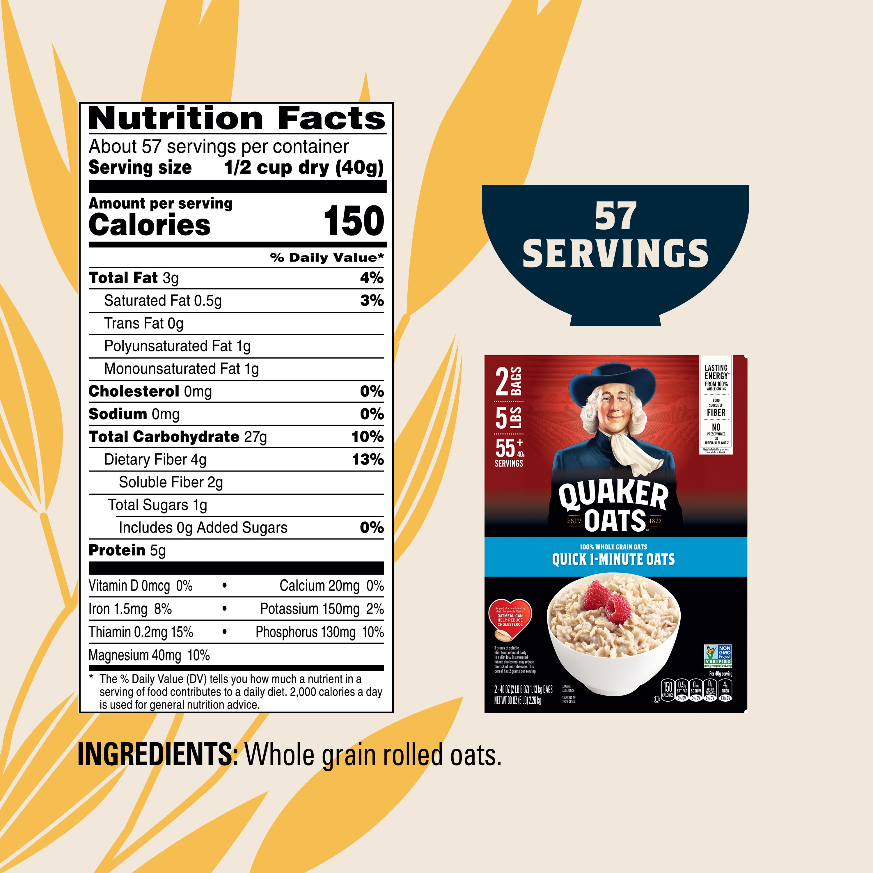 Quaker Whole Grain Oats Quick 1-Minute Oats 80 oz, 2 Count