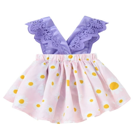 

EHTMSAK Newborn Infant Baby Toddler Girl 2PCS Clothing Set Summer Sleeveless Lace Bodysuit and Plaid Dress Set Outfits Ruffle with Headband Purple 0-2Y 70