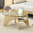 thumbnail image 2 of 31.5 inch Round Glass Coffee Table with Light Wood Grain Legs and Fan-Shaped Base, 2 of 10