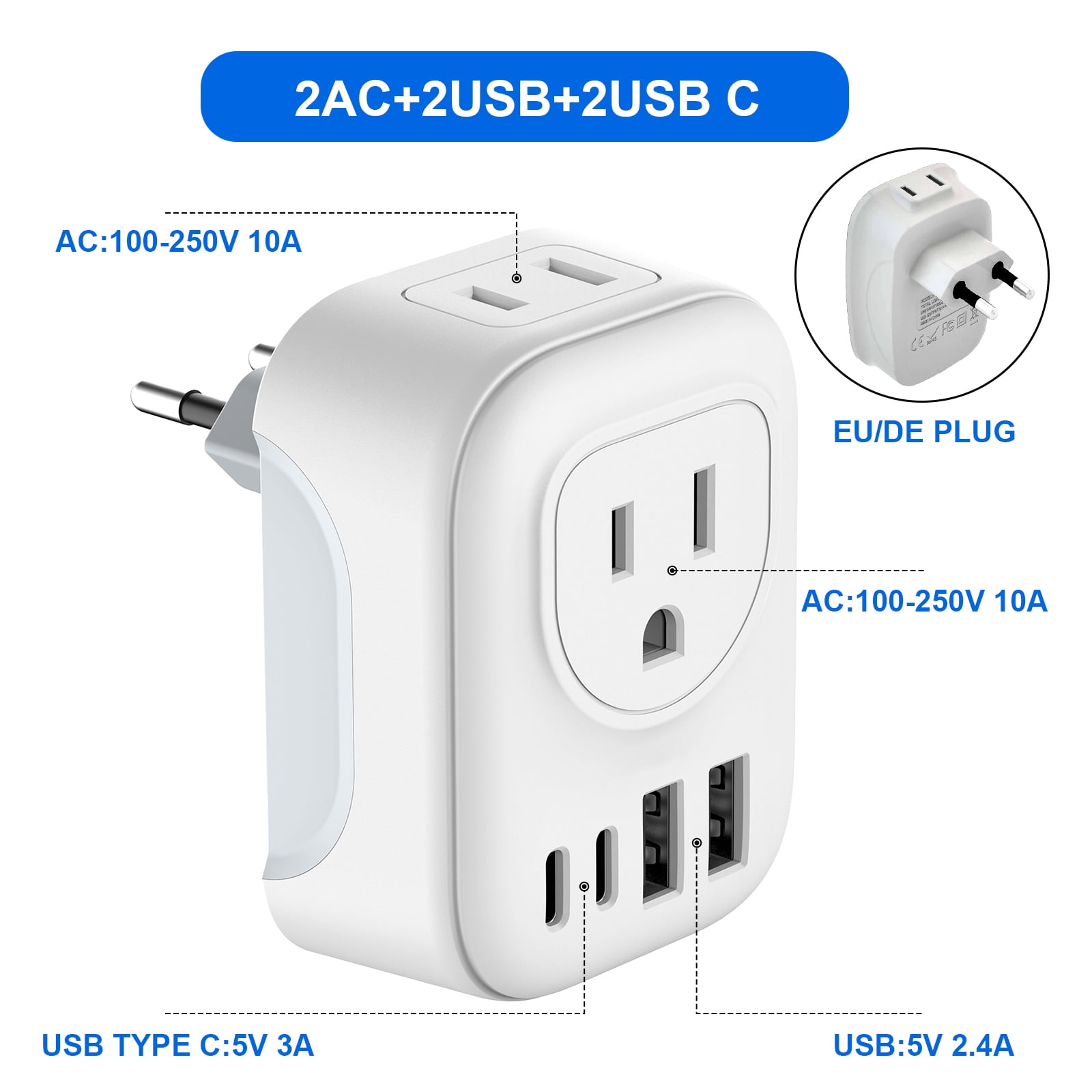 European Travel Plug Adapter, Meromore International Plug Adapter with 2 AC Outlets 4 USB Ports(2 USB C), Type C Plug Adapter Travel Essentials for US to Most Europe France Germany Italy Spain
