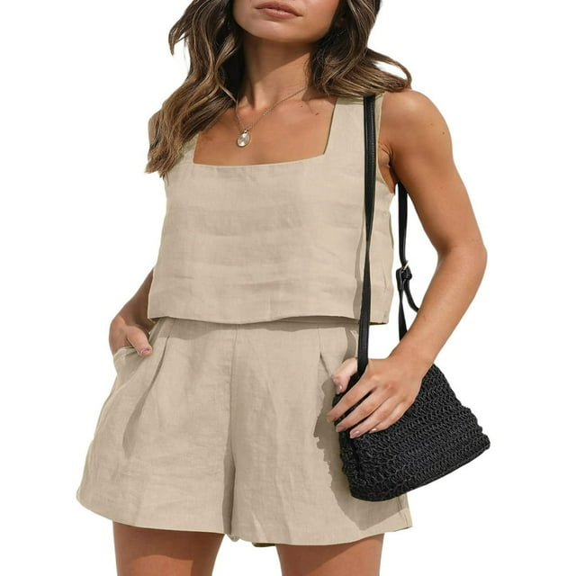 Women 2 Piece Outfits Linen Matching Set Vest Crop Tank Tops with Shorts Summer Going Out Trendy Vacation Set