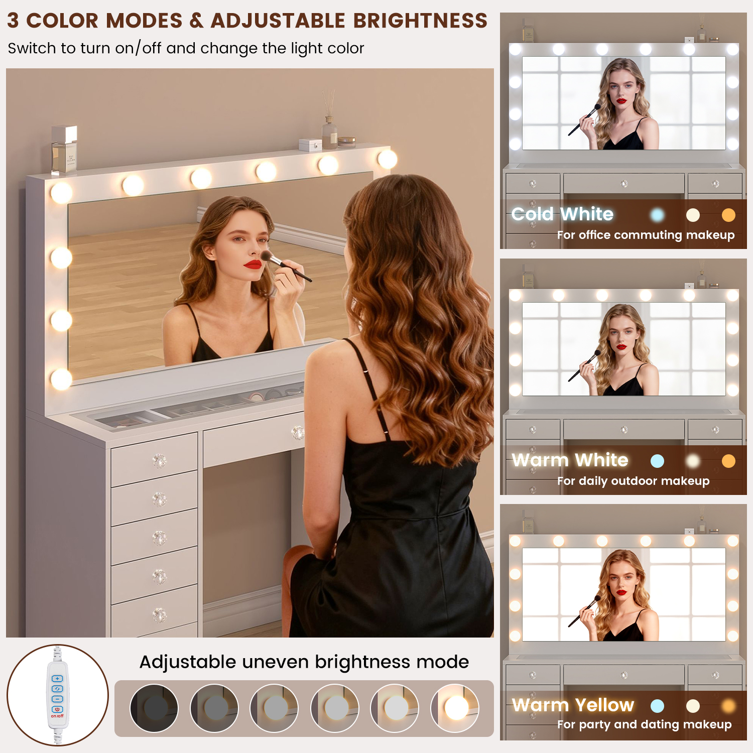 Winkalon Vanity Desk with Mirror and LED Lights, Makeup Vanity with 15 Drawers, Vanity Table with Power Outlet for Bedroom Dressing Room, White