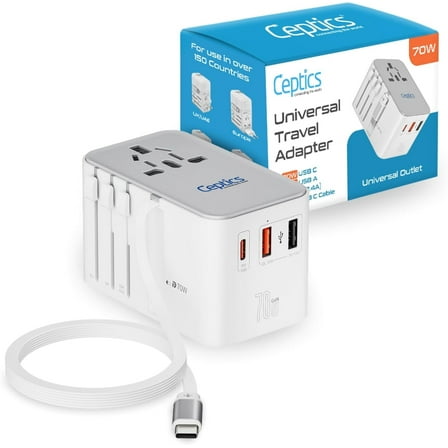 Ceptics GaN 70W Universal Travel Adapter with USB-C Cable, White (UP-70WC-WH)