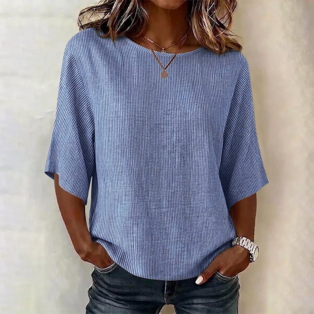 Neewe Women's Summer Casual Crewneck Half Sleeve T-Shirts Plain Loose Fit Cotton Linen Basic Tops Tees Blouses