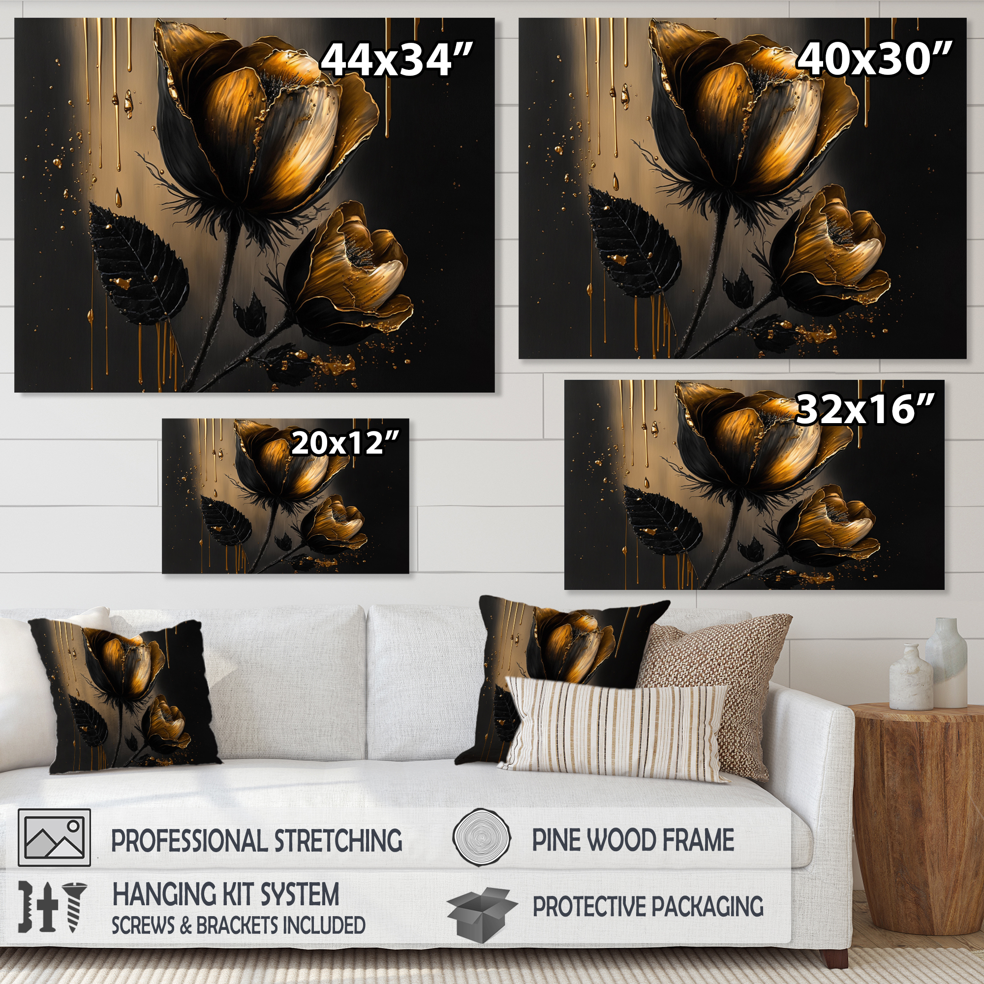 Designart Black And Gold Crocus Floral Design III Canvas Wall Art
