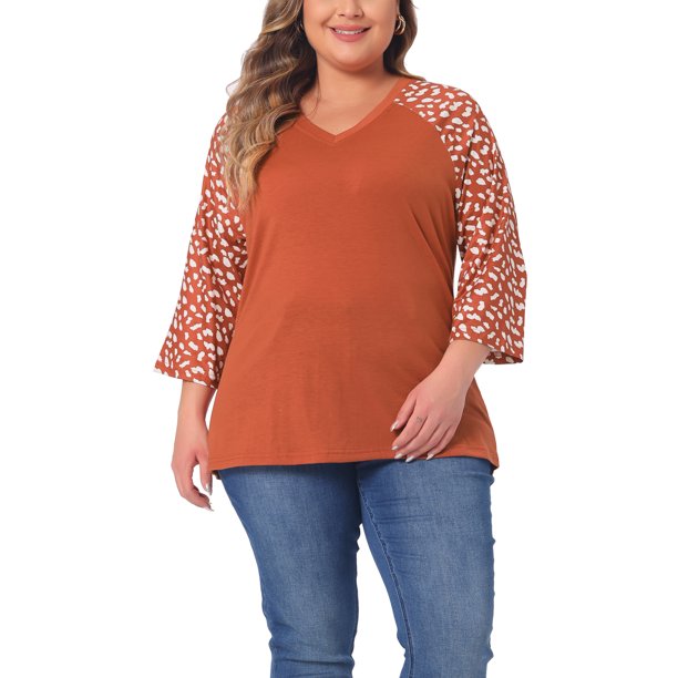 Camisas de mujer de tallas grandes Agnes Orinda, blusa de cuello en V, manga 3/4, floral, raglán, casual, tops de primavera y otoño, 5X, marrón