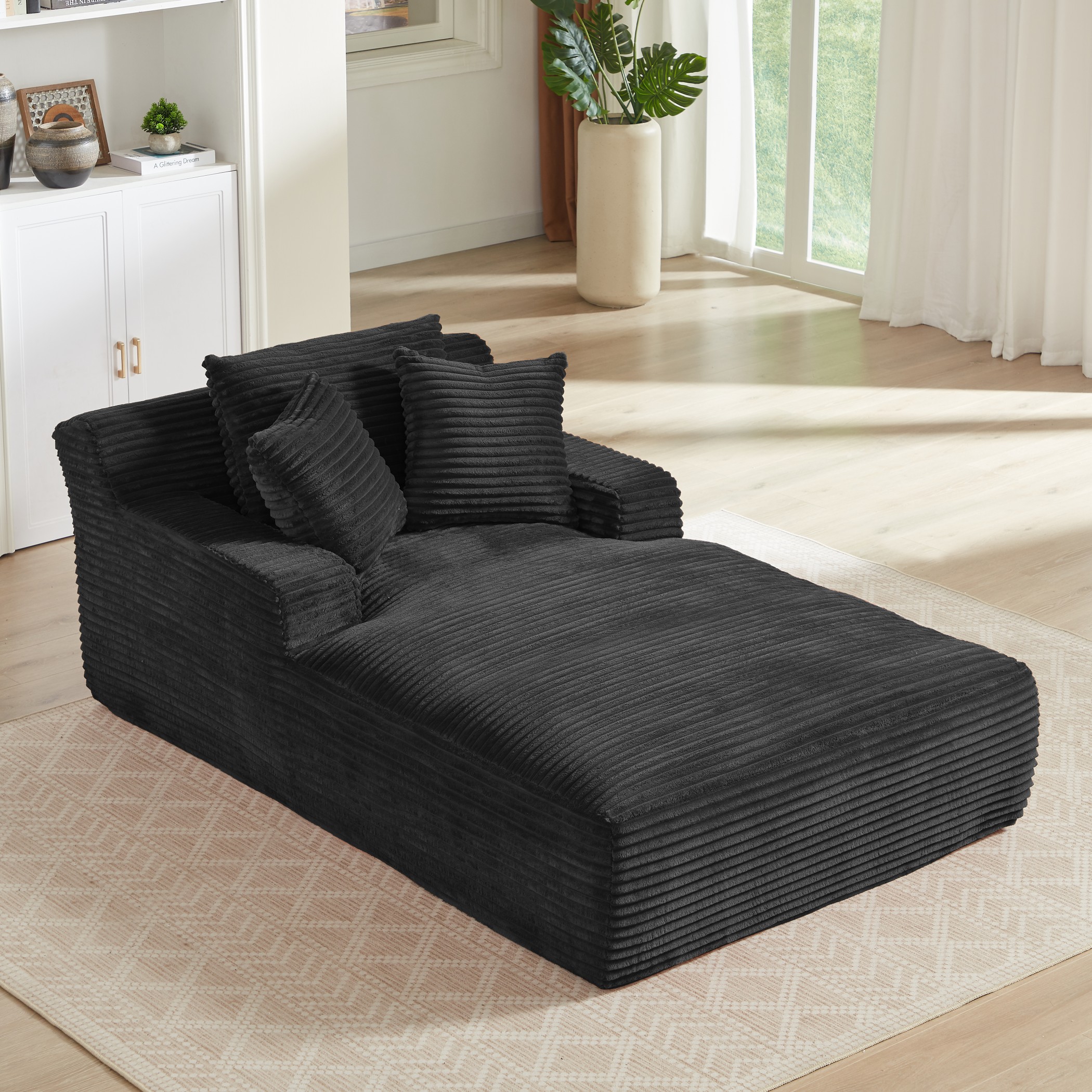 Aukfa 79" Oversized Chaise Lounge Indoor, Corduroy Sleeper Sofa Bed, Upholstered Couch, No Assembly Required for Living Room, Bedroom, Black