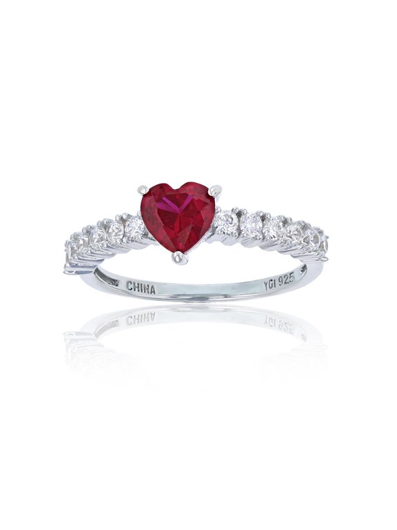 Sterling Silver Rhodium Centered 6mm Red Ruby Heart Pave Eng Ring