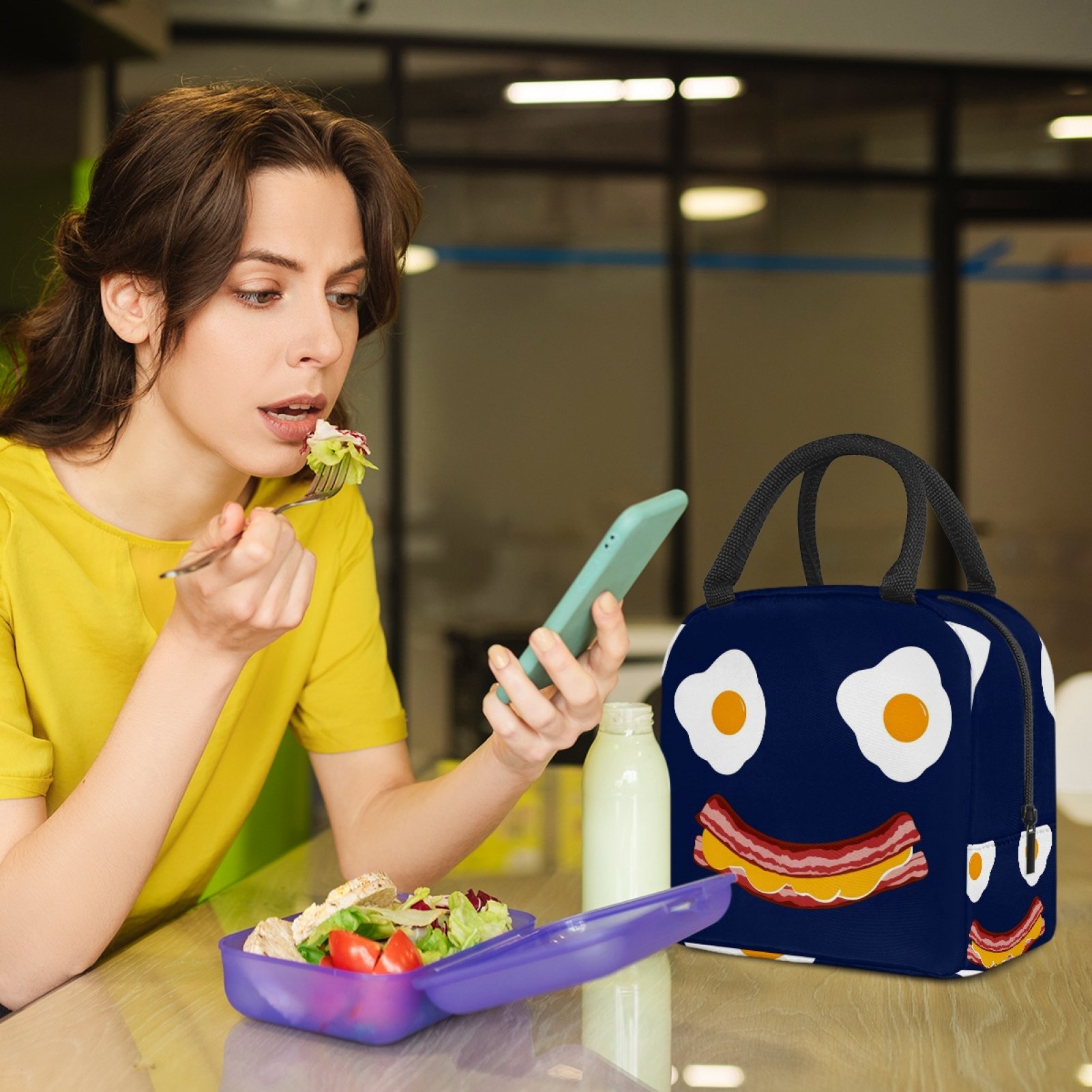ERJLKXP Funny Fried Egg Bacon Insulated Lunch Bags for Women and Men,Adult Reusable Lunch Tote Bag for Work,cooler bag