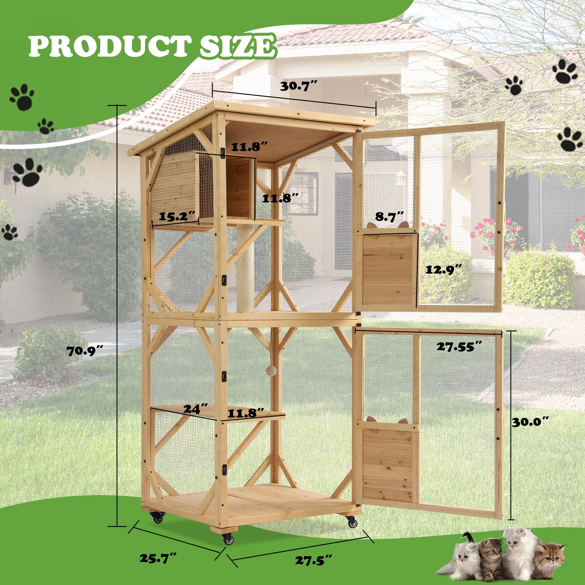 Magic Union Catio Outdoor Cat Enclosure, 4 Tiers Cat House with Waterproof Roof, Indoor Cat Cage with Wheels and Removable Floor, Large Outside Wood Cattio Kitty with Resting Box (Natural)