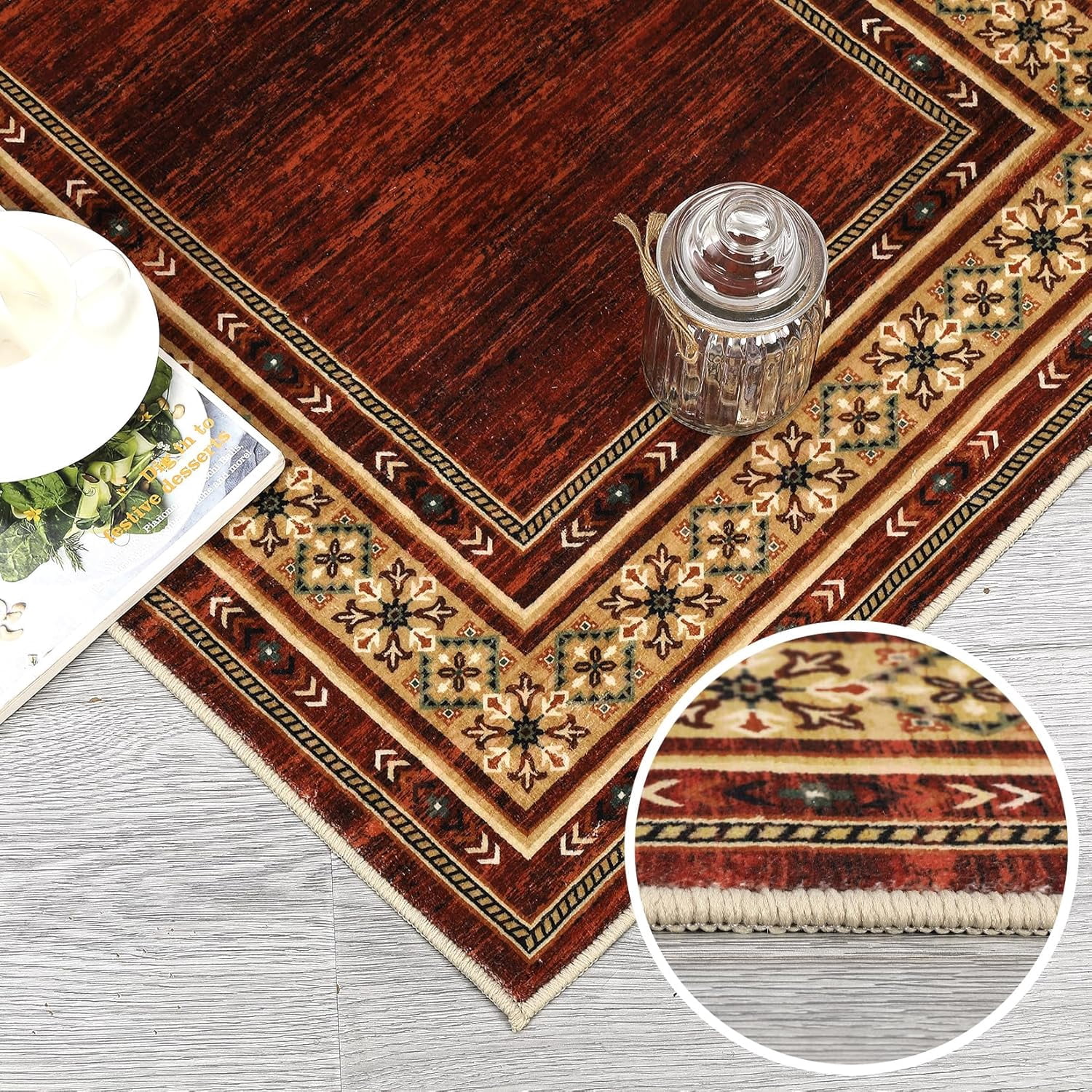 Memoryfield 2'x6' Runner Rug, Modern Bordered Washable Rug Non Slip Bedroom Runner Carpet for Laundry Room Kitchen, Red