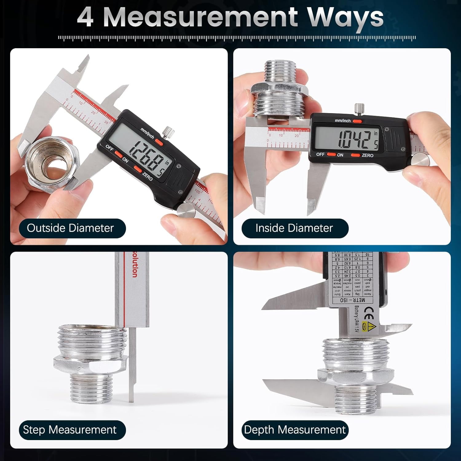 Digital Caliper 6 Inch, Caliper Measuring Tool with Large LCD Screen, Inch/MM, 4 Measuring Ways, Auto-Off LCD Stainless Steel Micrometer Vernier Caliper for Printing Jewelers Woodworkers