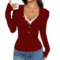 thumbnail image 2 of Women Lace Henley T Shirts Button Down Slim Fit Tops Long Sleeve V-Neck Tunic Top Blouse Wine Red L, 2 of 8