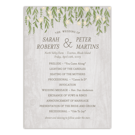 Personalized Wedding Program Greenery Lights 5 X 7 Flat
