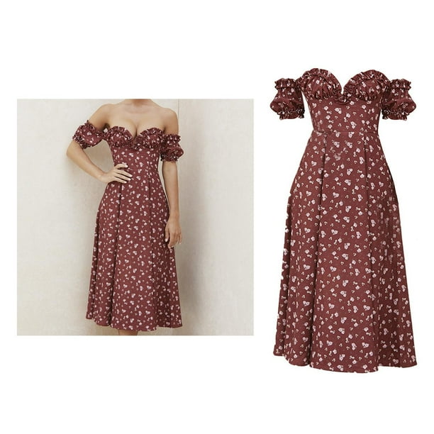 de con estampado floral dulce para mujer, hombros descubiertos, cuello en V, derrames laterales , atuendos casuales L Yinane Vestido estampado floral