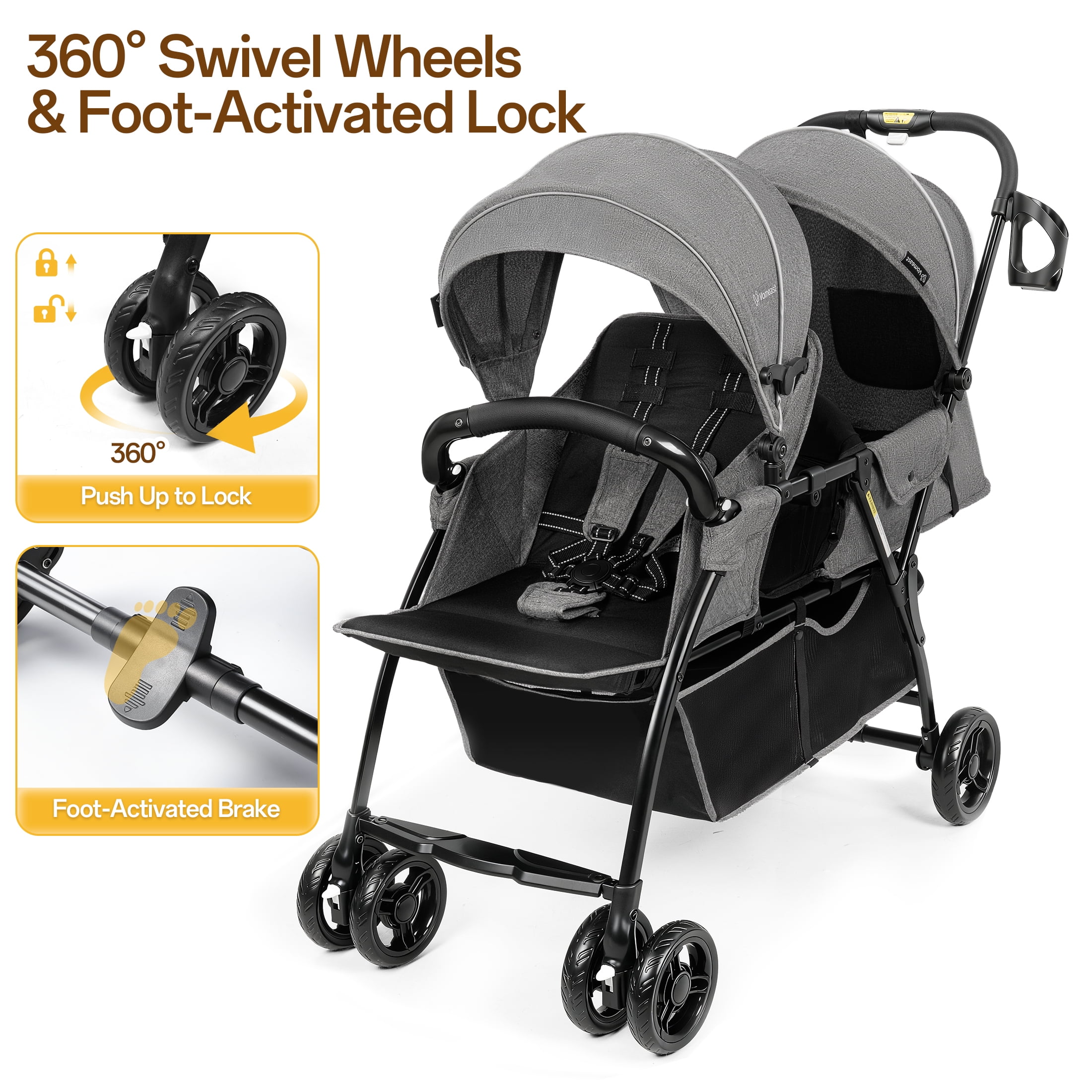 Vomeast Double Stroller for Twins, Foldable Lightweight Travel Stroller for Infant and Toddler, 5-Point Harness, Adjustable Canopy & Reclining Seat, Gray