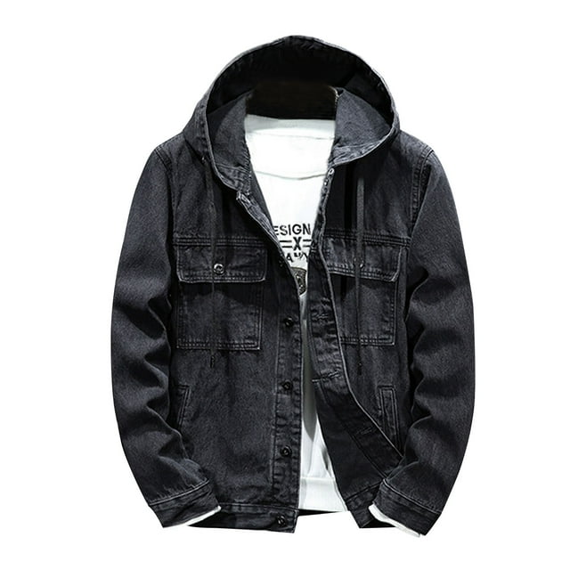 Pisexur Jean Jacket Men Spring And Fall Solid Pocket Button Hooded Top Casual Coat Denim Jacket for Men Plus Size Fall Jackets for Men