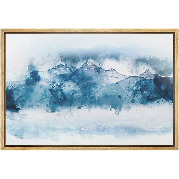 wall26 Framed Canvas Print Wall Art Blue Snow Winter Pastel Mountain Forest Nature Wilderness Illustrations Modern Art Decorative Rustic Multicolor for Living Room, Bedroom, Office - 16"x24"