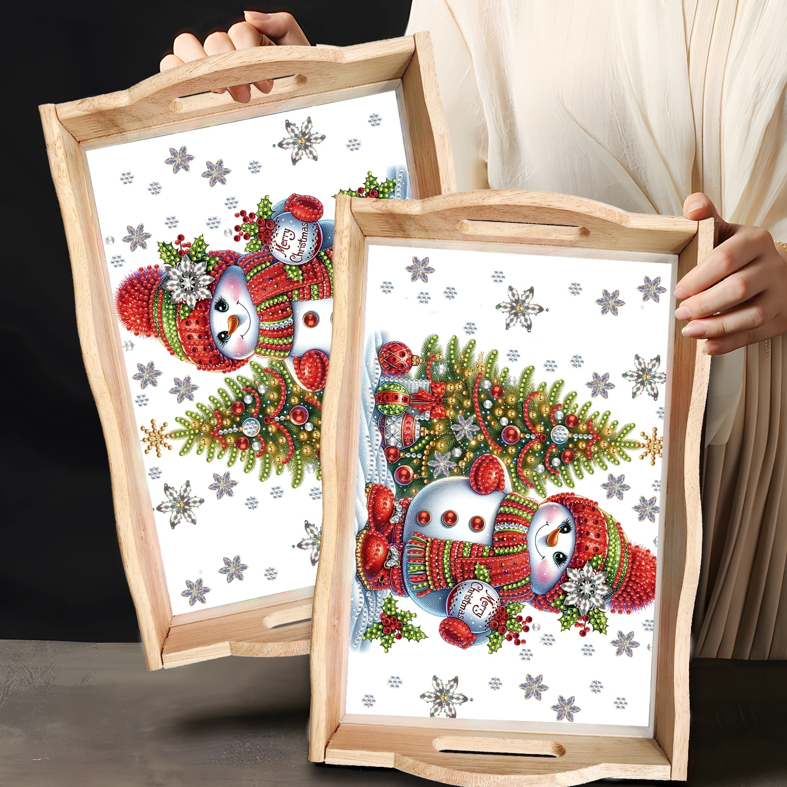 FLOPESN DIY Diamond Art Painting Handmade Wooden Tray,Creative Design Serving Dinner Plate for Coffee Living Room Home Organizer-Christmas Snowman
