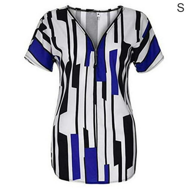 T-shirt Femme Col en V Rayé Haut Manches Courtes Fermeture Éclair Blouse Ajustée, Bleu, P