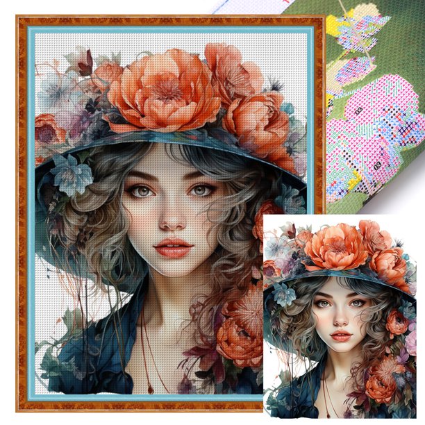 Hilo de bordar de algodón completo, Kit de punto de cruz con estampado de flores para niña, 50x65cm, 11CT