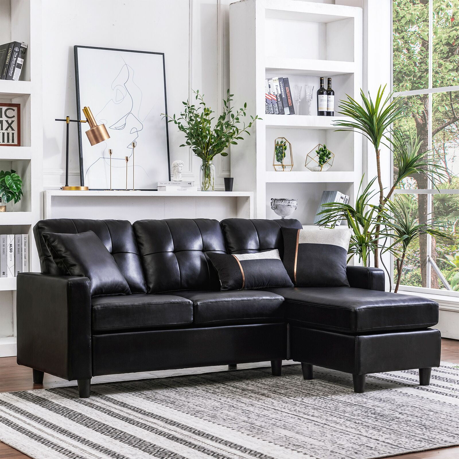Honbay Faux Leather Sectional Sofa L, Black Leather Sectionals