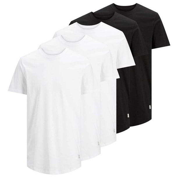 Jack & Jones Camiseta para Hombre, Paquete de 5 - JJENOA, manga corta, cuello redondo, algodón, color sólido Blanco/Negro 2XL (XX-Large)