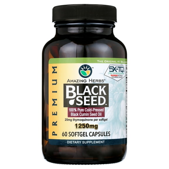 Amazing Herbs Premium Black Seed Oil Capsules - Cold Pressed - 60 Softgel Capsules - 60 Count,1250mg