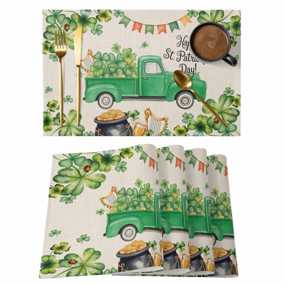 St. Patrick's Day Placemats Set of 8, Green Truck Lucky Shamrocks Flags Retro Placemats for Dining Table, Place Mats for Kitchen Tabletop, Waterproof Wipeable Dining Table Mats Set
