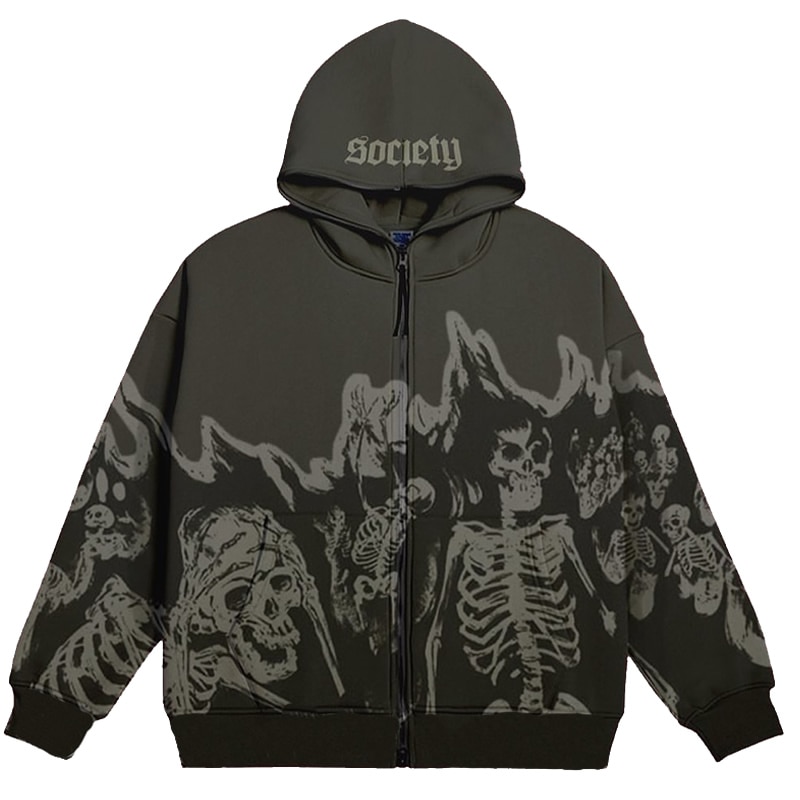 Y2K Emo Men Streetwear Vintage Skull Hoodie Zip Up Hoodies