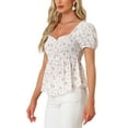 thumbnail image 4 of INSPIRE CHIC Women's Peplum Top Short Sleeves Sweetheart Neck Shirred Floral Blouse XS White, 4 of 6