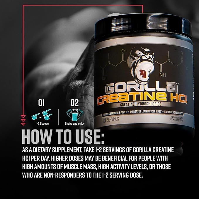 Gorilla Mind Creatine HCl Powder with Pepsin, Unflavored, 100 Servings