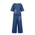thumbnail image 3 of Baqcunre Womens Sweatpants Linen Sets For Women 2 Piece Ladies Cotton Short Sleeve Printed Blouse Loose Cropped Pants Two Piece Suit Pant Suits Workout Sets For Women Womens Pants Navy L, 3 of 4