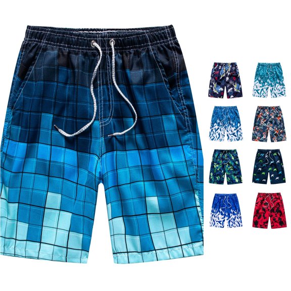 XIAOCHA Gradient Plaid Swim Shorts For Men Elastic Drawstring Summer Beach Trunks