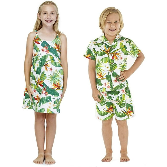 Matching Boy and Girl Siblings Hawaiian Luau Outfits in Various Patterns